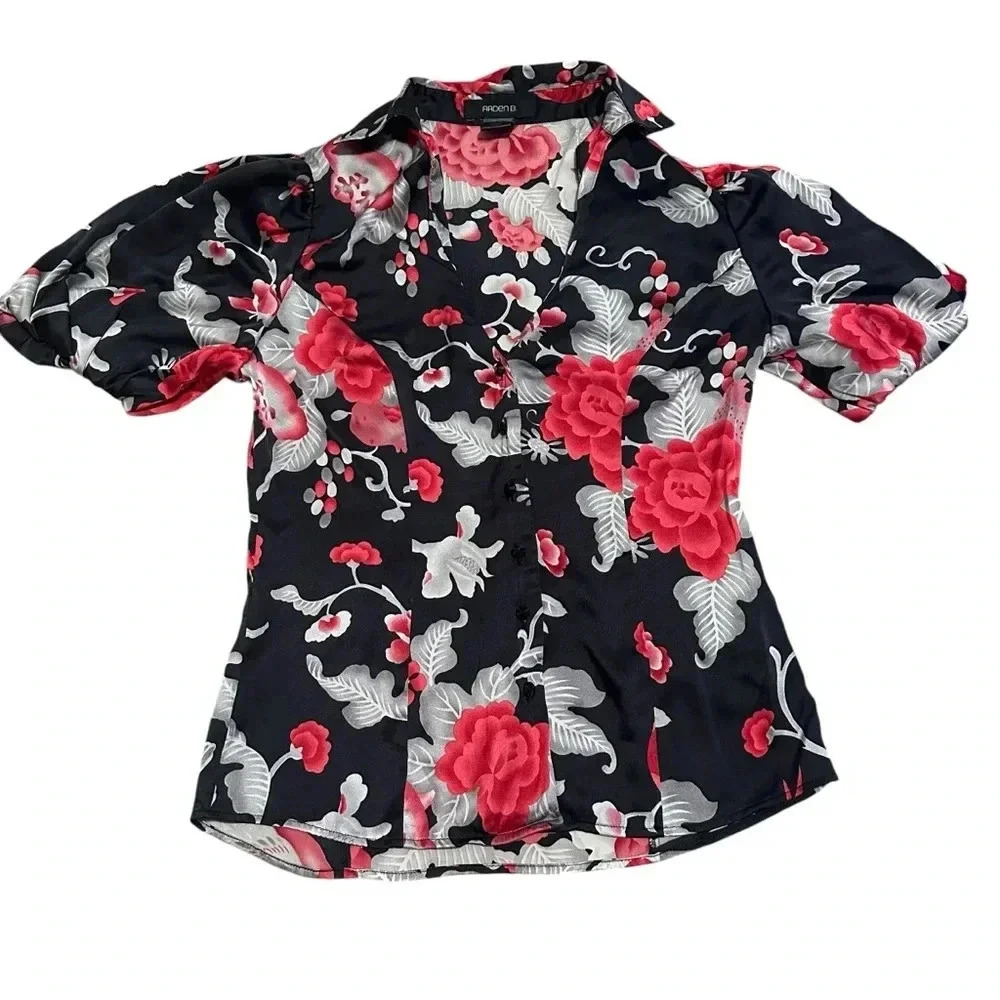 Y2k Arden B Black silk blend floral button down blouse w/ red accents size Small